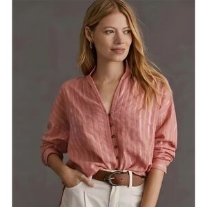 PILCRO Oversized Coral Pink Metallic Striped Button Front Tavi Top, 3X